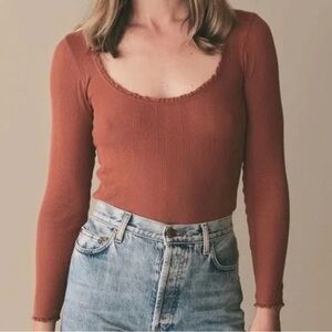 Doen Romy long sleeve pointelle top rust buckeye - S